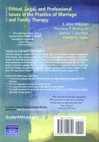 Ethical Legal and Professional Issues in the Practice of Marriage and Family Therapy Back Cover
